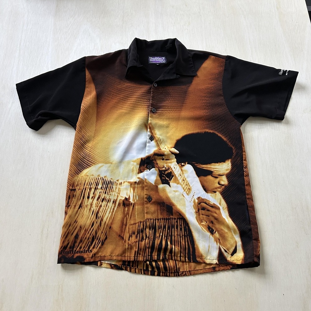 Vintage Y2K Jimi Hendrix Shirt Mens Medium Brown Graphic Short Sleeve Button Up